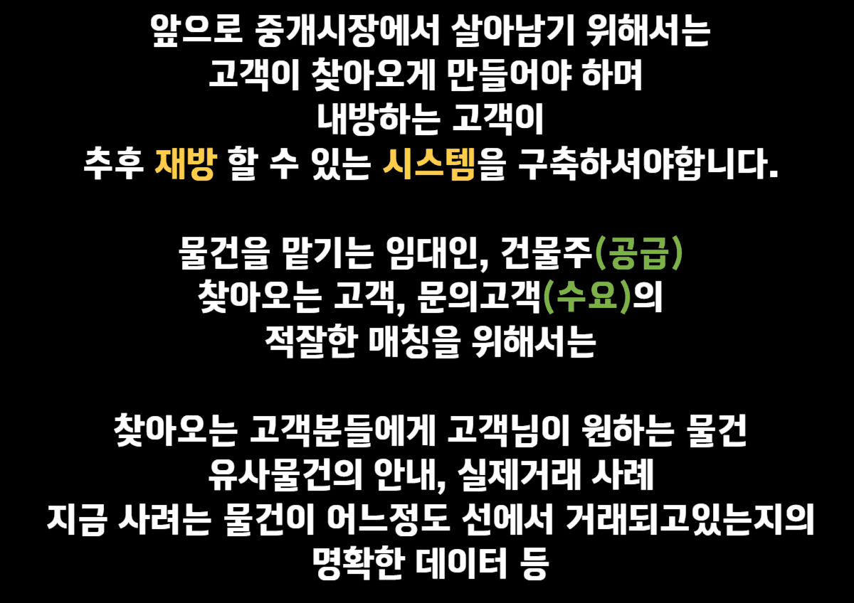 그런 중대만 고민을 하고 찾아간 중개사무실에서 마주하는 것은  고객의 니즈를 모른채 갖고있는 물건만 보여주는 사무실이 이게 과거의 부동산 중개시장의 모습이였다면